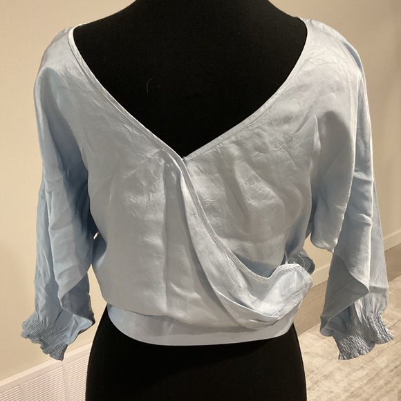 🧵Babaton Soft Ice Blue Shiny Satin Faux Wrap crop top . - Picture 2 of 8